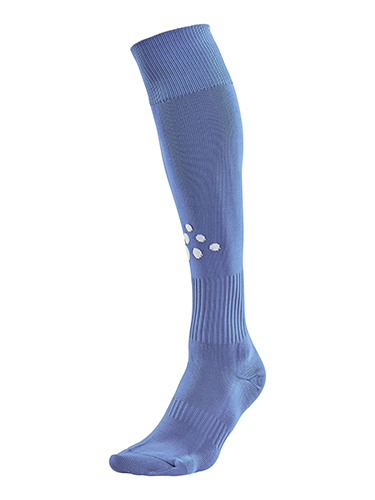 Sock featuring strategically placed knit panels that keep shin guards in place. Made of functional